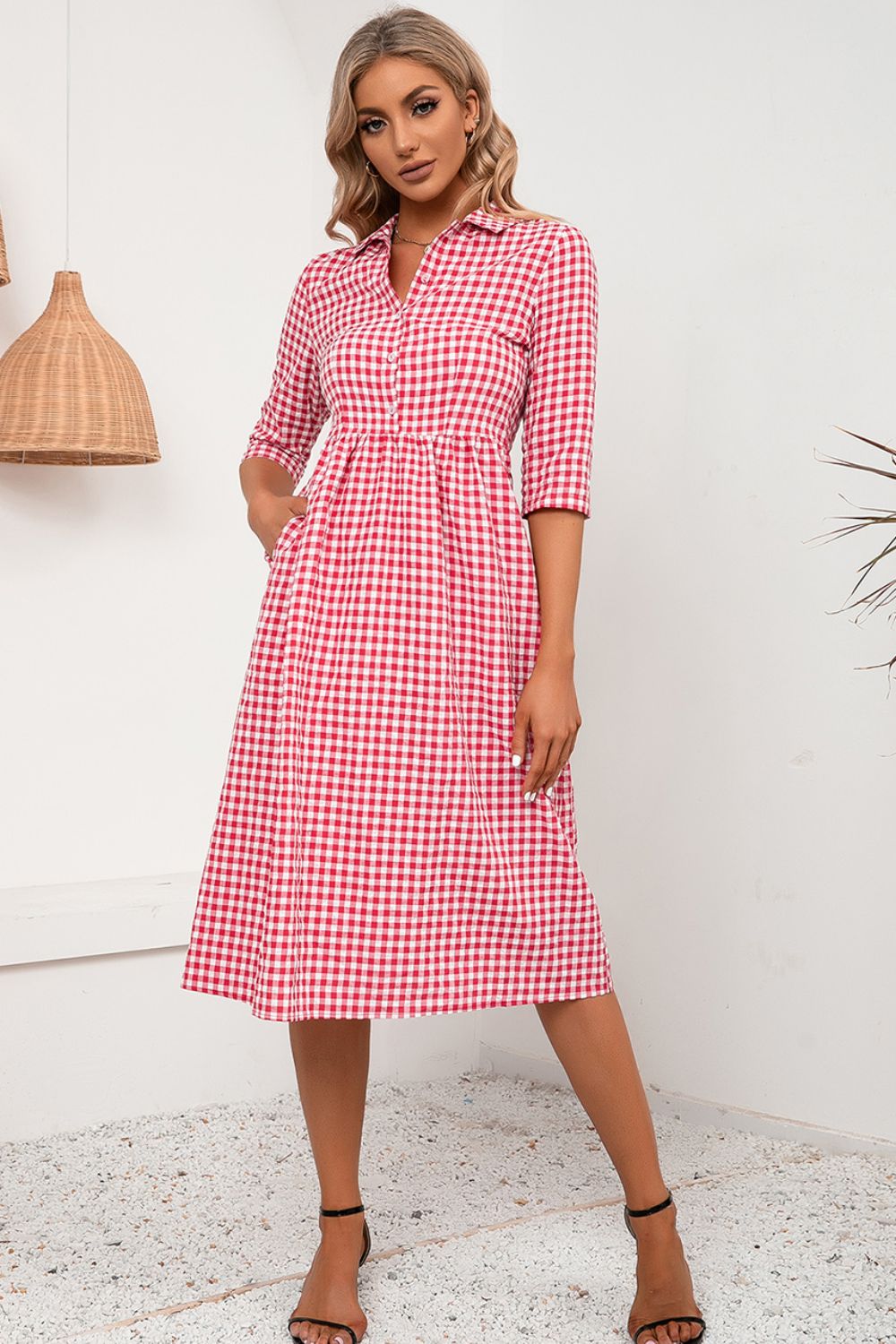 3 Colors - Plaid Collared Neck Midi Dress - Sizes S-XL Ti Amo I love you