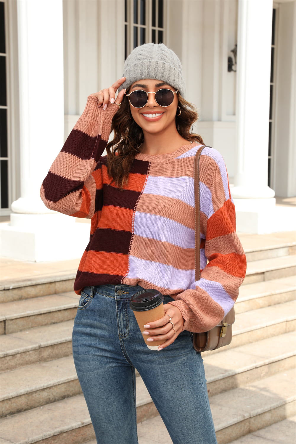 3 Colors - Round Neck Long Sleeve Color Block Dropped Shoulder Pullover Sweater - Sizes S-XL Ti Amo I love you