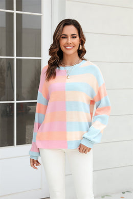 3 Colors - Round Neck Long Sleeve Color Block Dropped Shoulder Pullover Sweater - Sizes S-XL Ti Amo I love you