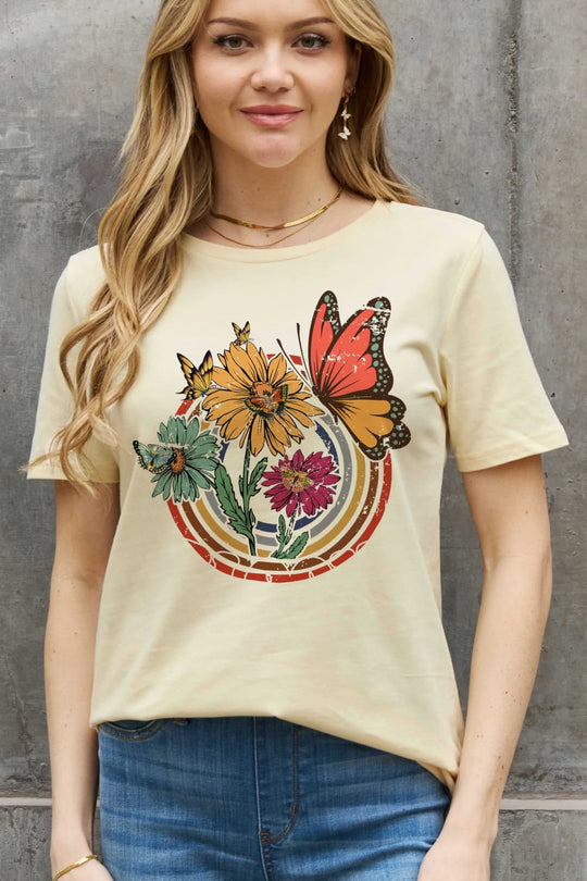 3 Colors - Simply Love Simply Love Full Size Flower & Butterfly Graphic Cotton Tee Ti Amo I love you