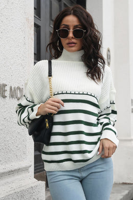 3 Colors - Striped Turtleneck Drop Shoulder Sweater - Sizes S-L Ti Amo I love you