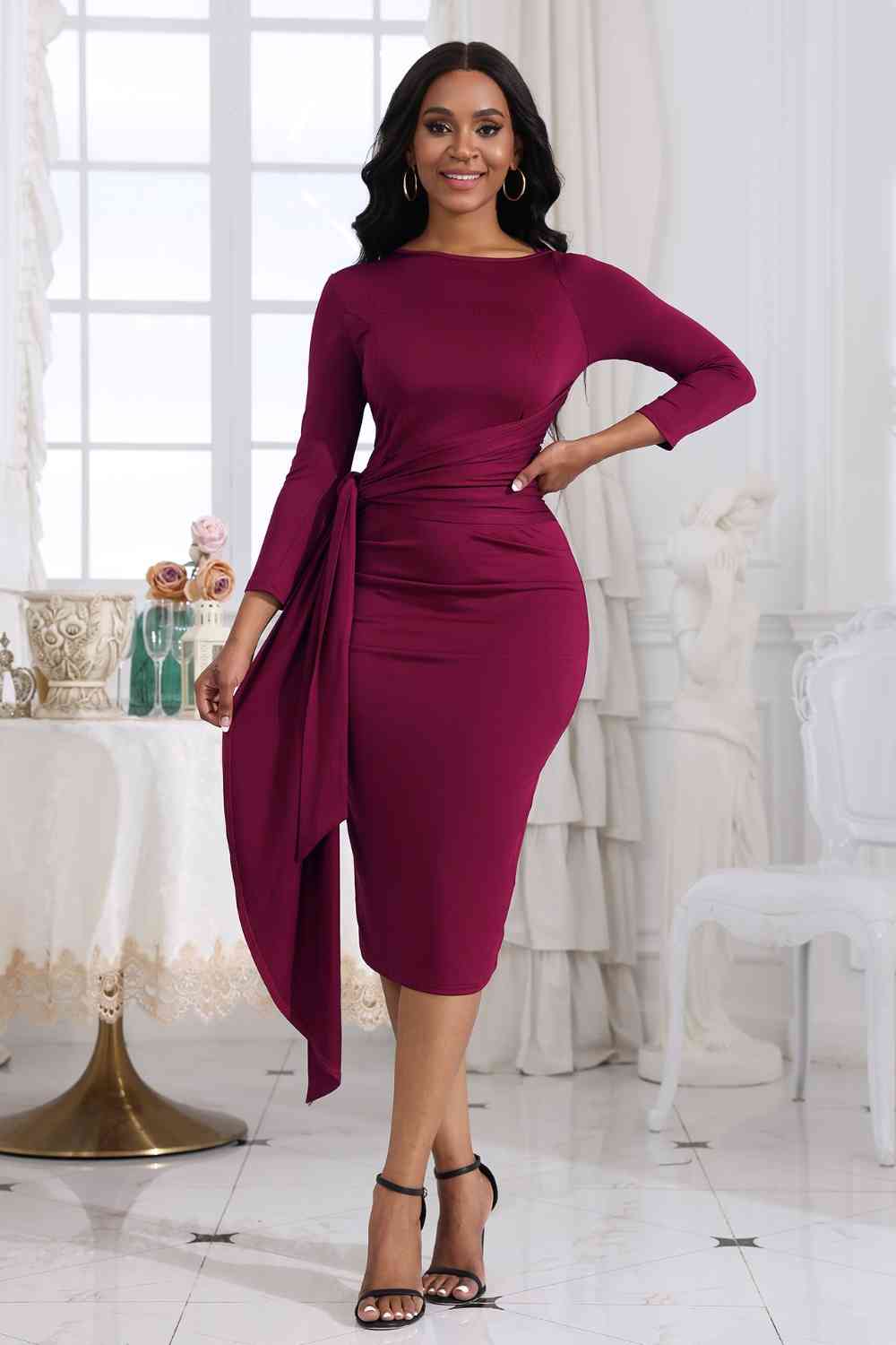 3 Colors - Tie Detail Round Neck Midi Dress Ti Amo I love you