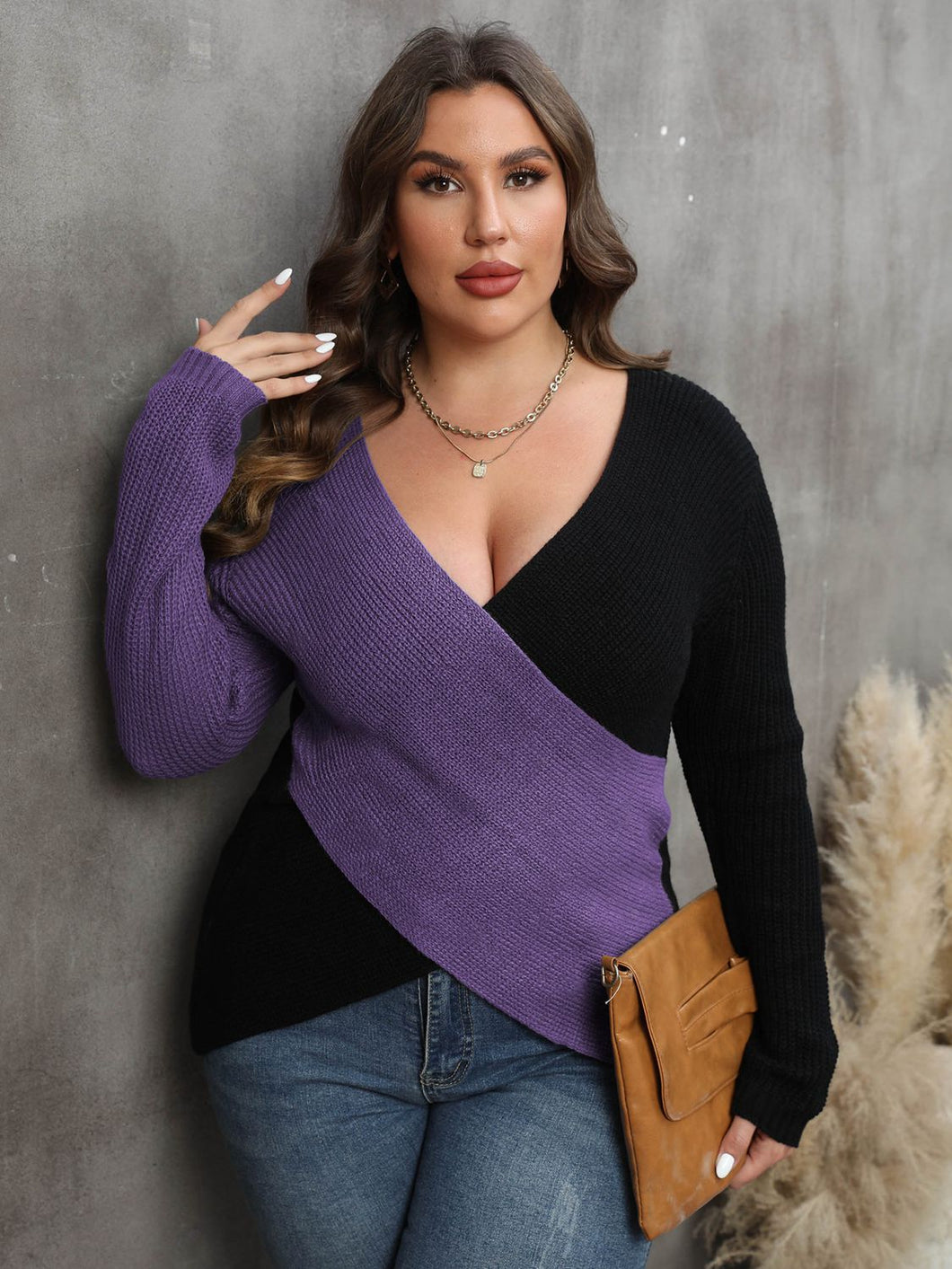 3 Colors - Womens Plus Size - Two-Tone Surplice Neck Sweater - Sizes 1XL-3XL Ti Amo I love you