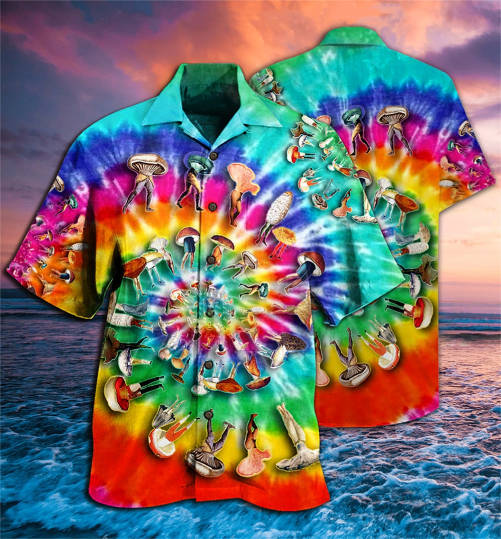 3 Styles - Mens Hawaiian Shirts Colorful Mushroom Short Sleeve Button Up Summer Oversize Shirts - Sizes S-4XL Ti Amo I love you