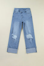 Load image into Gallery viewer, Dusk Blue High Rise Asymmetric Button Zip Fly Ripped Jeans
