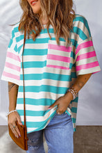 Load image into Gallery viewer, Blue Stripe Contrast Patch Pocket Drop Sleeve T Shirt
