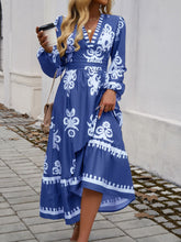 Load image into Gallery viewer, Devine Ruffled Printed Plunge Long Sleeve Dress
