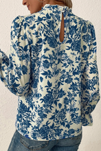 Load image into Gallery viewer, Sky Blue Floral Print Flounce Sleeve Keyhole Back Blouse
