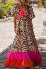 Load image into Gallery viewer, Bright Pink Leopard Colorblock Patchwork Bubble Sleeve Maxi Dress
