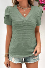 Load image into Gallery viewer, Mist Green V Neck Petal Sleeve Waffle Knit T-Shirt
