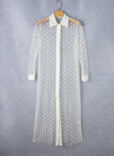 Load image into Gallery viewer, White Polka Dot Print Collared Buttoned Mesh Duster Kimono
