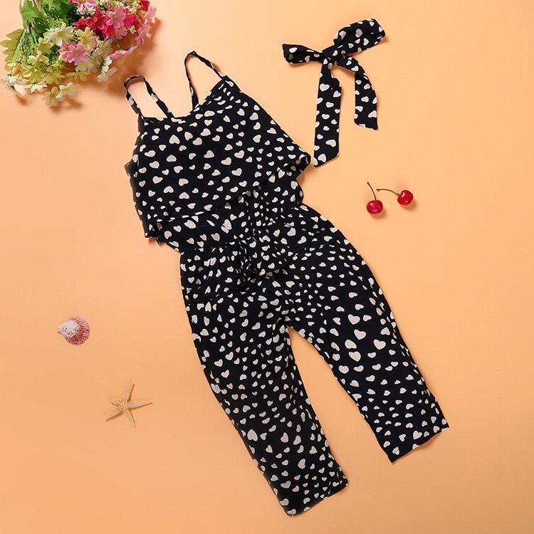 Toddler / Kids - Girls - Cotton Sleeveless Polka Dot Spaghetti Strap Jumpsuit