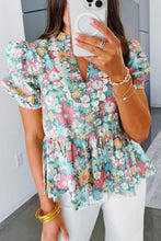 Load image into Gallery viewer, Multicolor Notched Neck Puff Short Sleeve Floral Blouse
