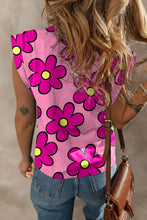 Load image into Gallery viewer, Pink Flower Print Round Neck Cap Sleeve T Shirt
