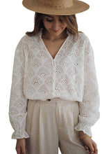 Load image into Gallery viewer, White Fanshaped Lace Hollow out Split Neck Puff Sleeve Blouse
