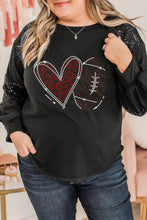 Load image into Gallery viewer, Black Rhinestone Heart Rugby Football Pattern Sequin Patched Sleeve Plus Size Top
