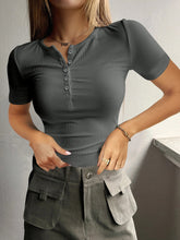 Load image into Gallery viewer, Round Neck Quarter Button Short Sleeve Top
