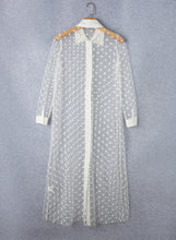 Load image into Gallery viewer, White Polka Dot Print Collared Buttoned Mesh Duster Kimono
