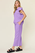 Load image into Gallery viewer, Double Take Texture Ruffle Short Sleeve Top and Drawstring Wide Leg Pants Set
