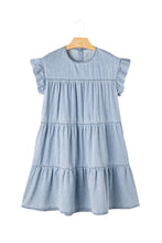 Load image into Gallery viewer, Beau Blue Ruffle Short Sleeve Tiered A-line Denim Dress
