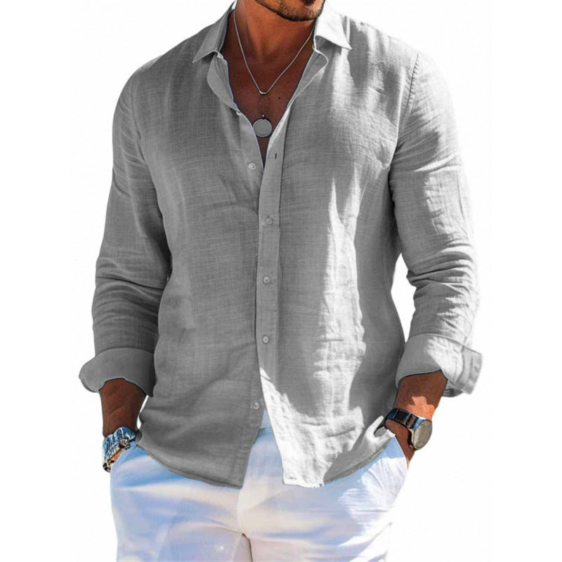Men's Long Sleeve Loose Solid Color Lapel Button Top