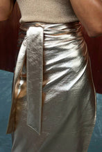 Load image into Gallery viewer, Gold Metallic Leather Knotted Wrap Midi Skirt
