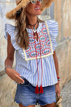 Load image into Gallery viewer, Sky Blue Stripe Geo Pattern Embroidered Tassel Flutter Blouse
