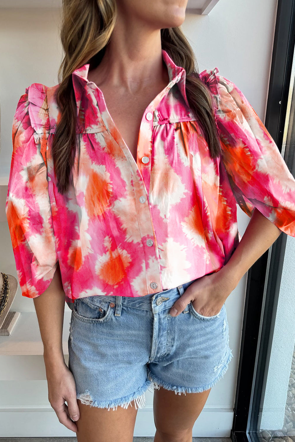 Multicolor Abstract Print Frilly Trim Half Sleeve Shirt