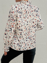 Load image into Gallery viewer, Ruffled Printed Tie Neck Long Sleeve Blouse
