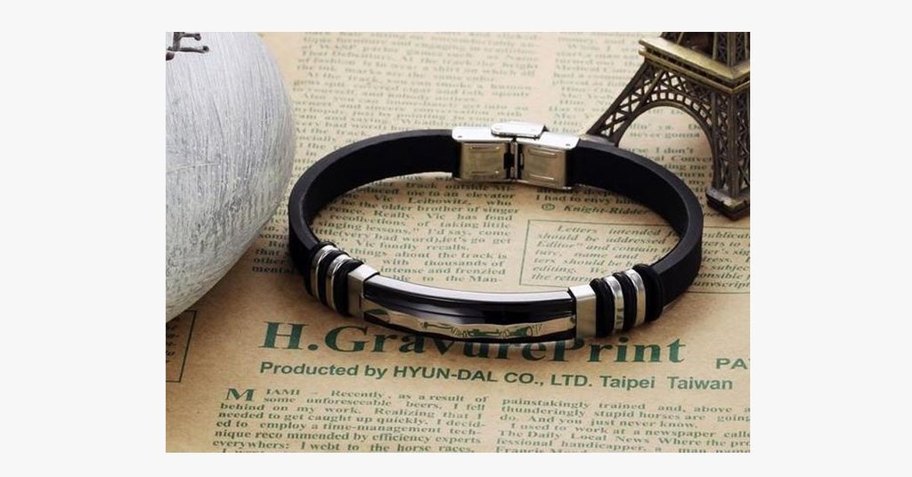 Mens Black Silicone & Stainless Steel Bracelet - 8.66 Inches