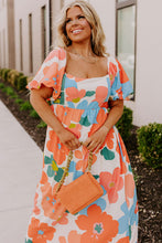 Load image into Gallery viewer, Orange Plus Size Flower Print Shirred Square Neck Maxi Dress
