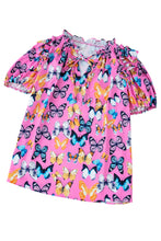 Load image into Gallery viewer, Purple Butterfly Print Ruffled Puff Sleeve Tied V Neck Blouse
