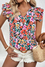 Load image into Gallery viewer, Ruffled Printed V-Neck Cap Sleeve Blouse
