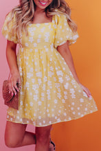 Load image into Gallery viewer, Yellow Boho Flower Jacquard Puff Sleeve Square Neck Mini Dress
