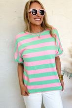 Load image into Gallery viewer, Pink Stripe Colorblock Cuffed Sleeve Loose Tee
