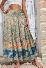 Load image into Gallery viewer, Sky Blue Boho Floral &amp; Paisley Print Shirred Waist Long Skirt
