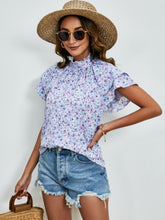 Load image into Gallery viewer, Ditsy Floral Mock Neck Flounce Sleeve Blouse
