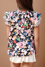 Load image into Gallery viewer, Ruffled Printed Tie Neck Cap Sleeve Blouse
