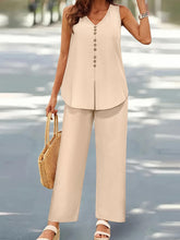 Load image into Gallery viewer, Plus Size Decorative Button V-Neck Top and Pants Set
