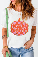 Load image into Gallery viewer, White Chenille Checkerboard Hello Pumpkin Patched Pattern Thanksgiving T Shirt
