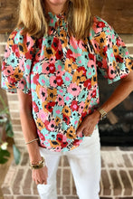 Load image into Gallery viewer, White Frilled High Neck Buttons Back Floral Blouse
