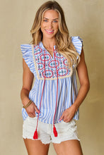 Load image into Gallery viewer, Sky Blue Stripe Geo Pattern Embroidered Tassel Flutter Blouse
