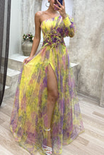 Load image into Gallery viewer, Mesh Tie-dye Printed Off-shoulder Slit Dress Summer INS Fashion Long Dress Party
