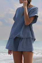 Load image into Gallery viewer, Light Blue Denim Cuffed Sleeve Tee Elastic Shorts Set
