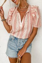 Load image into Gallery viewer, Ruffled Printed Tie Neck Short Sleeve Blouse
