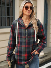 Load image into Gallery viewer, Drawstring Plaid Hooded Long Sleeve Top
