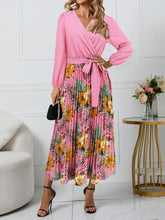 Load image into Gallery viewer, Pleated Printed Surplice Long Sleeve Dress
