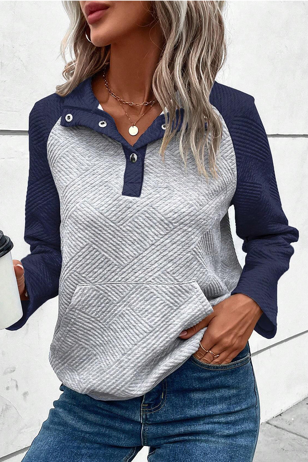 Gray Textured Contrast Splicing Raglan Sleeve Top