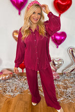 Load image into Gallery viewer, Rose Red Plus Size Ribbed Long Sleeve Shirt and Pants Pajama Set
