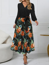 Load image into Gallery viewer, Pleated Printed Surplice Long Sleeve Dress
